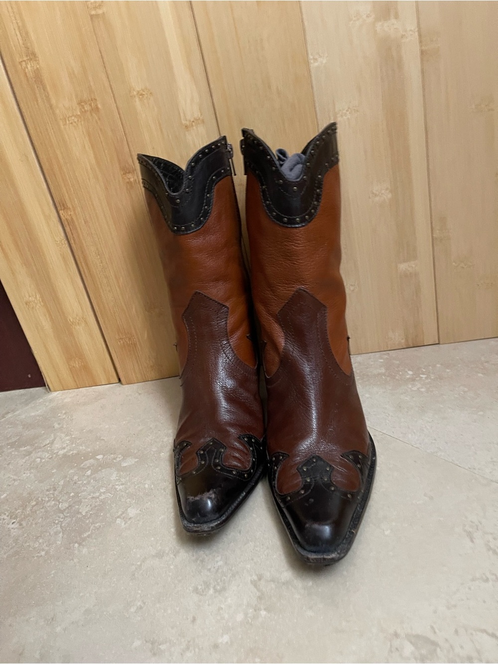 Stuart Weitzman Two-Tone Brown and Black Leather Western Booties